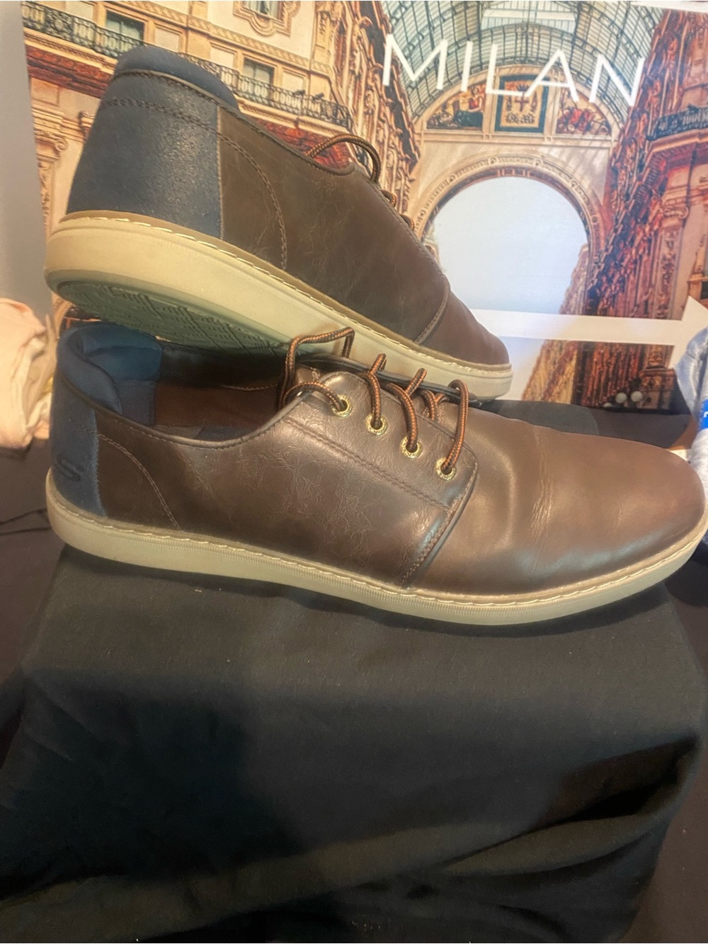 Skechers Brown Leather Slip-On Casual Shoes with Blue Heel Accent